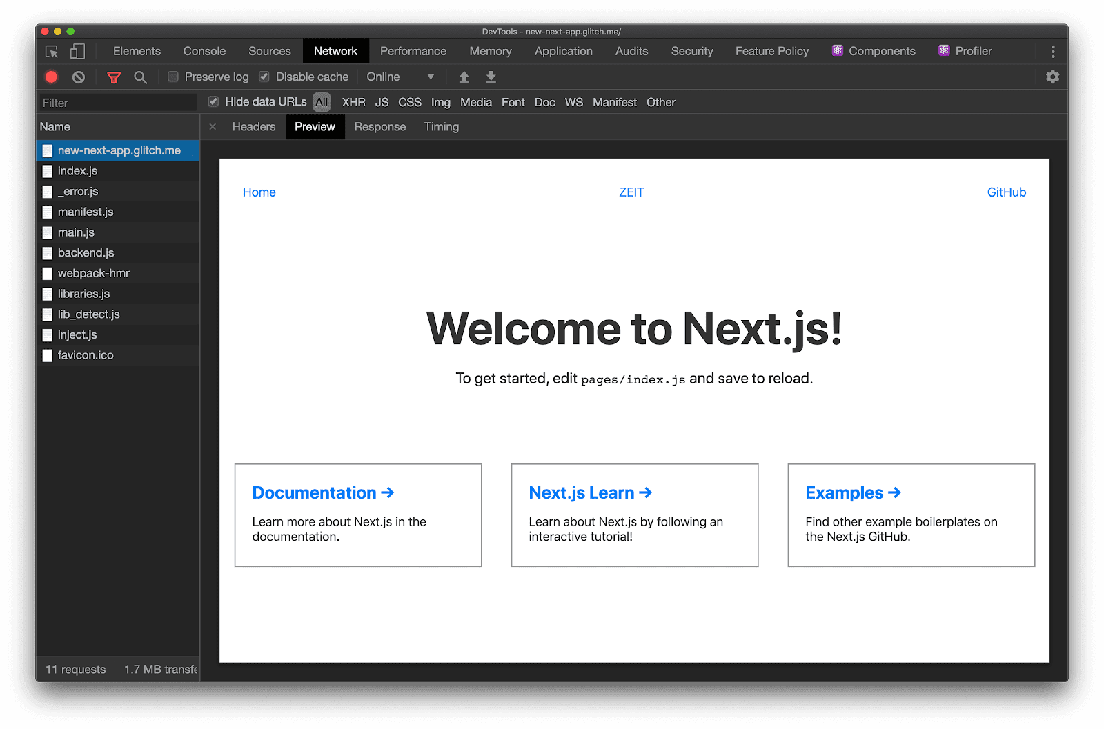 「網路」面板的「預覽」分頁顯示，Next.js 會在收到網頁要求時傳回完整的 HTML。