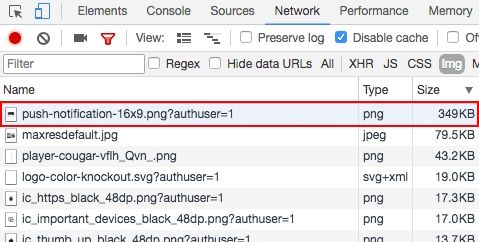 Panel de red de Herramientas para desarrolladores de Chrome que muestra un archivo grande