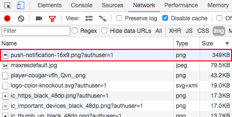 サイズの大きいファイルが表示されている Chrome DevTools の [Network] パネル