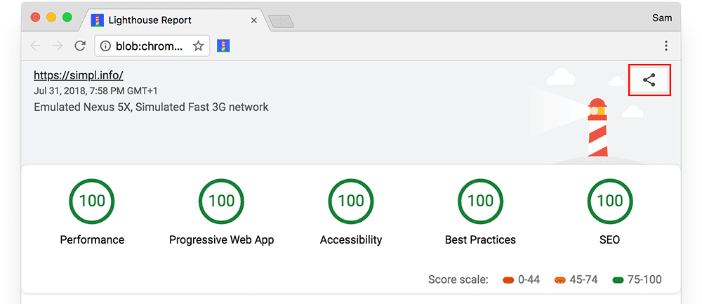 Captura de pantalla que muestra cómo exportar un informe de Lighthouse de Chrome como un resumen