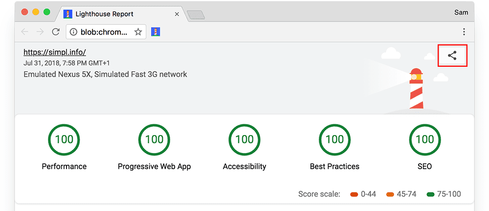 Chrome Lighthouse 보고서를 gist로 내보내는 방법을 보여주는 스크린샷