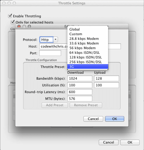 Configurações de largura de banda e latência do proxy Charles