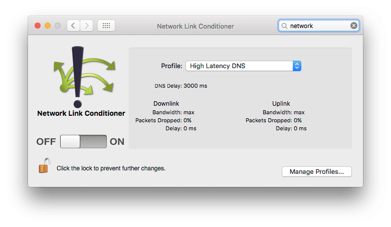 Impostazioni di Network Link Conditioner di Mac