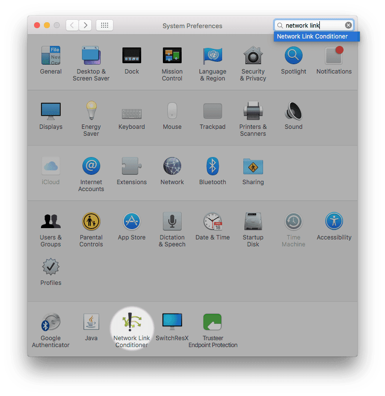 Steuerfeld für Mac Network Link Conditioner