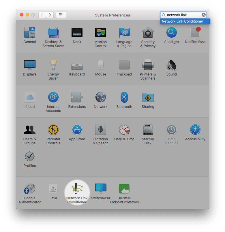 لوحة التحكم في Mac Network Link Conditioner