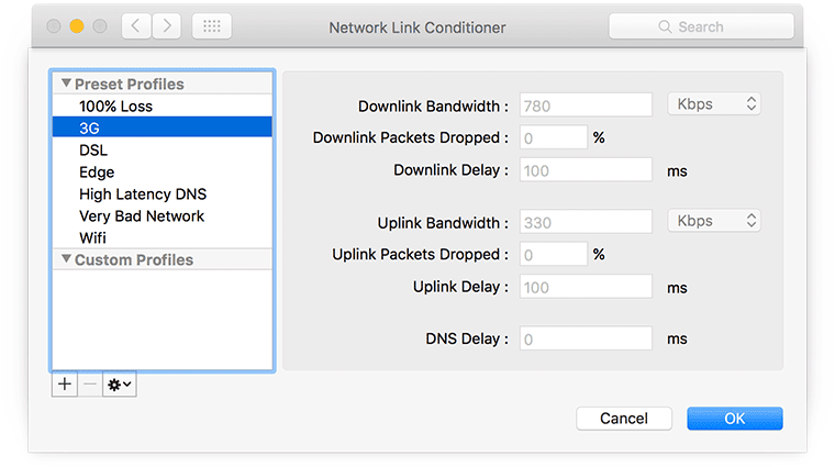 Ustawienia niestandardowe komponentu Network Link Conditioner na komputerach Mac