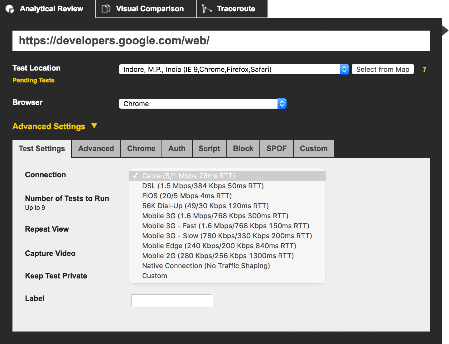 WebPagetest settings