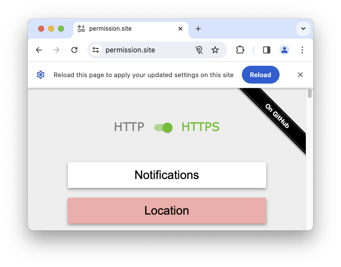 Uma solicitação de recarga após a mudança de permissões usando os controles do site.