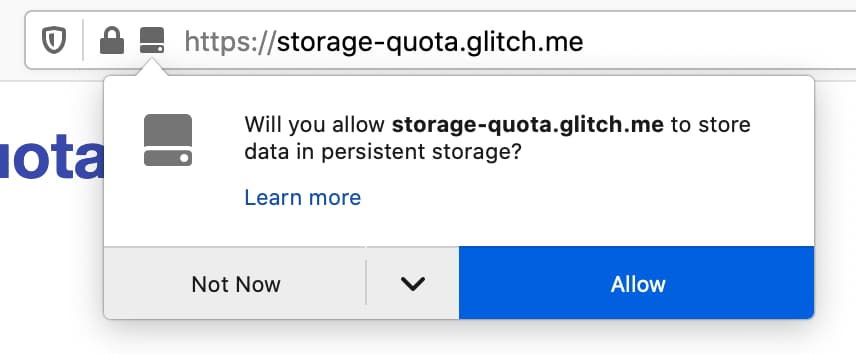 Ventana emergente que muestra Firefox cuando un sitio solicita almacenamiento persistente.