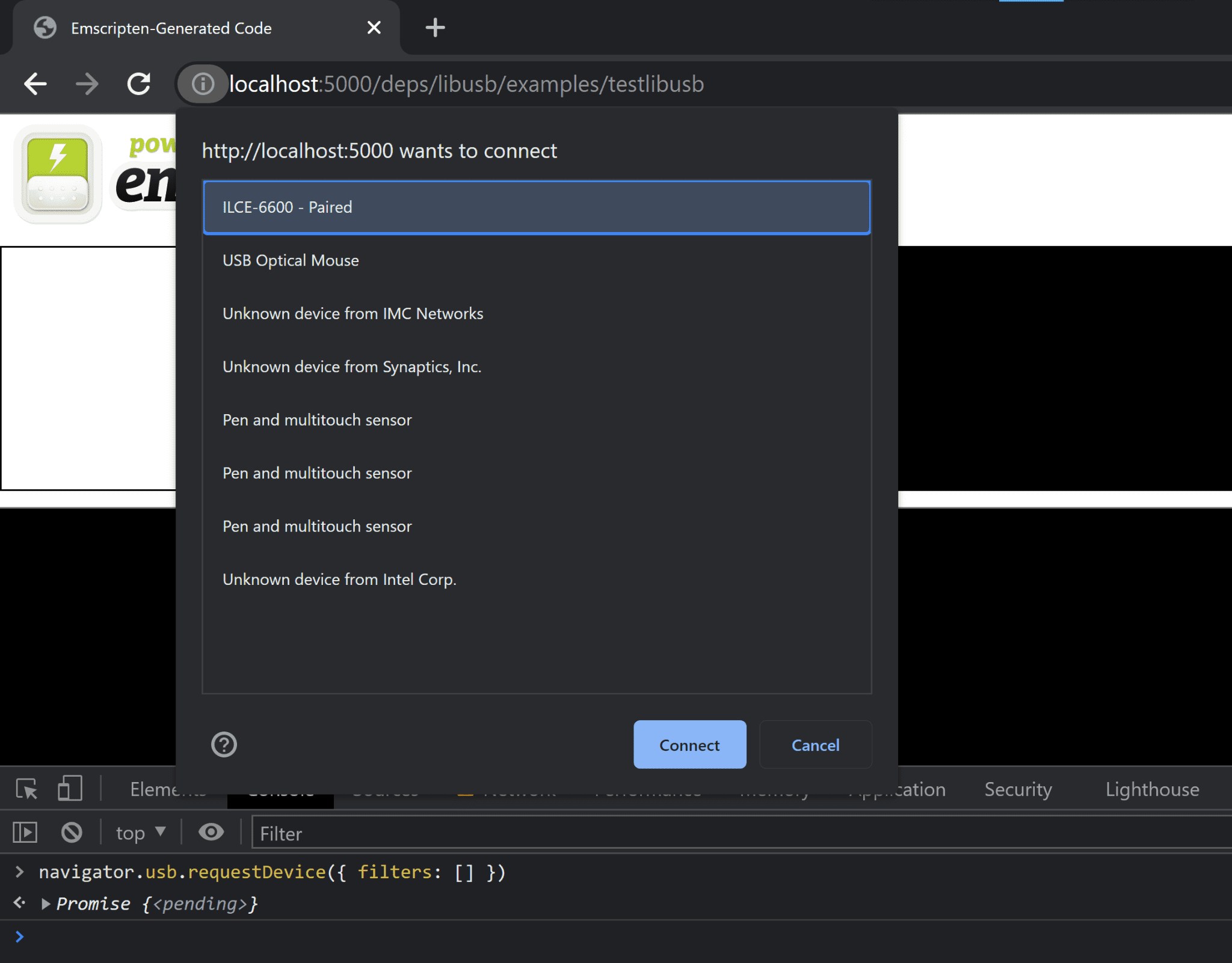 Screenshot showing a Chrome window with DevTools open on a locally served `testlibusb` page. DevTools console is evaluating `navigator.usb.requestDevice({ filters: [] })`, which triggered a permission prompt and it's currently asking the user to choose a USB device that should be shared with the page. ILCE-6600 (a Sony camera) is currently selected.