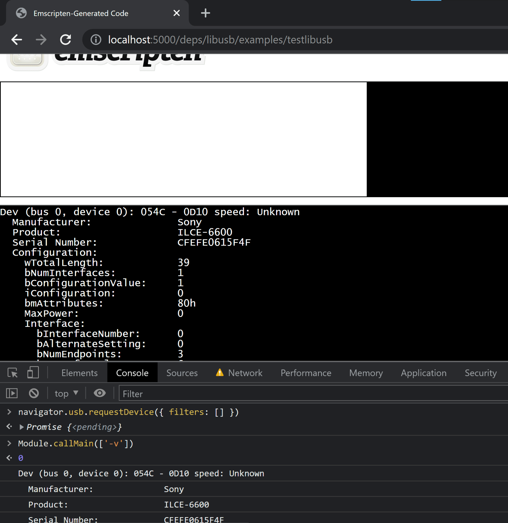Screenshot of the next step, with DevTools still open. After the device was selected, Console has evaluated a new expression `Module.callMain(['-v'])`, which executed the `testlibusb` app in verbose mode. The output shows various detailed information about the previously connected USB camera: manufacturer Sony, product ILCE-6600, serial number, configuration etc.