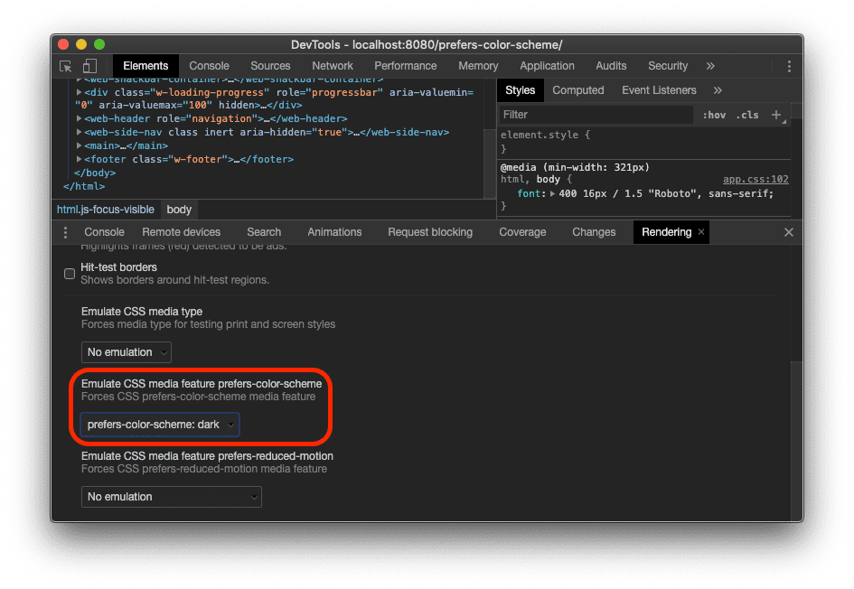Captura de pantalla de la opción “Emular la función de medios de CSS prefers-color-scheme” que se encuentra en la pestaña Renderización de Herramientas para desarrolladores de Chrome