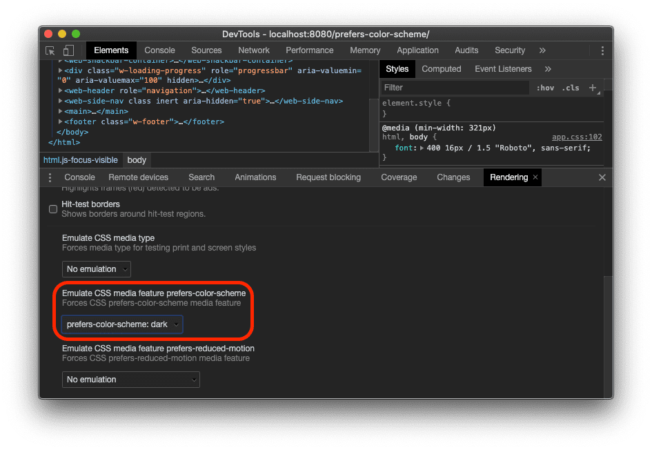 Capture d&#39;écran de l&#39;option &quot;Émuler la caractéristique média CSS prefers-color-scheme&quot;, située dans l&#39;onglet &quot;Rendering&quot; (Affichage) de Chrome DevTools