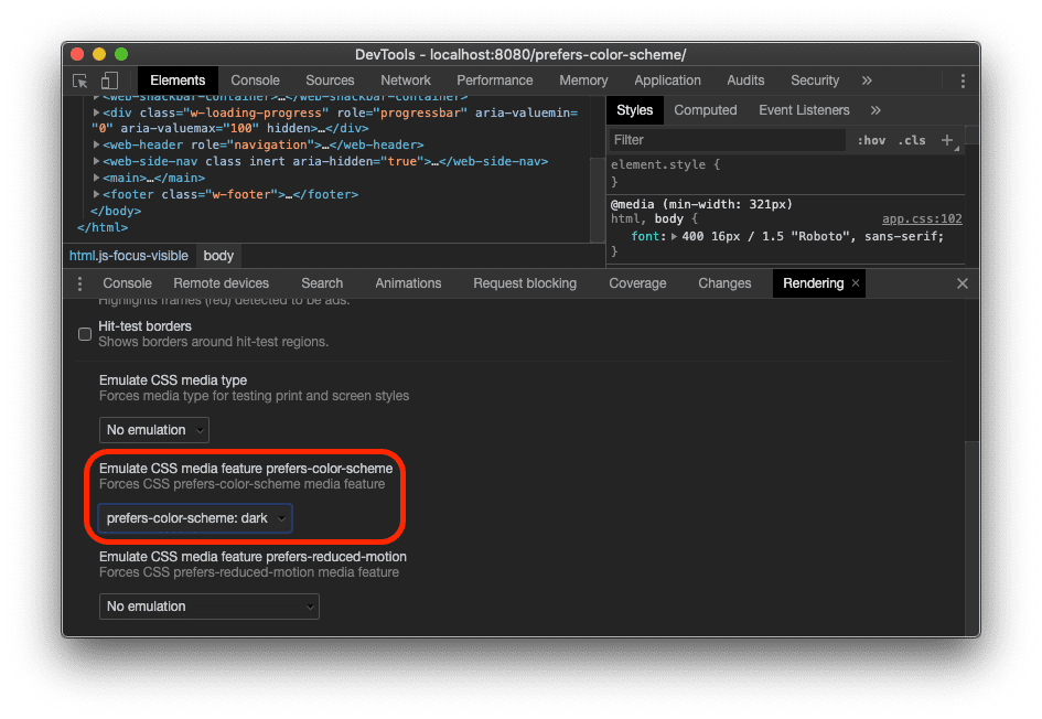 Uno screenshot dell&#39;opzione &quot;Emula CSS media feature prefers-color-scheme&quot; che si trova nella scheda Rendering di Chrome DevTools