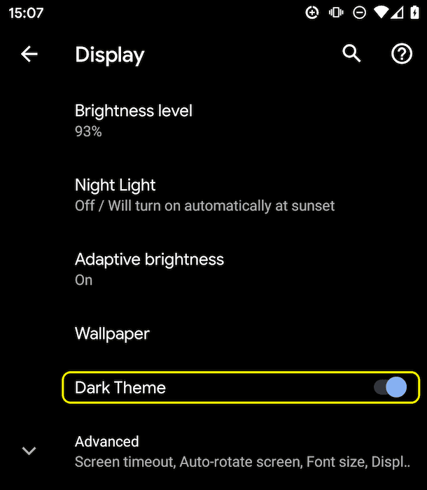 Android Q dark mode settings