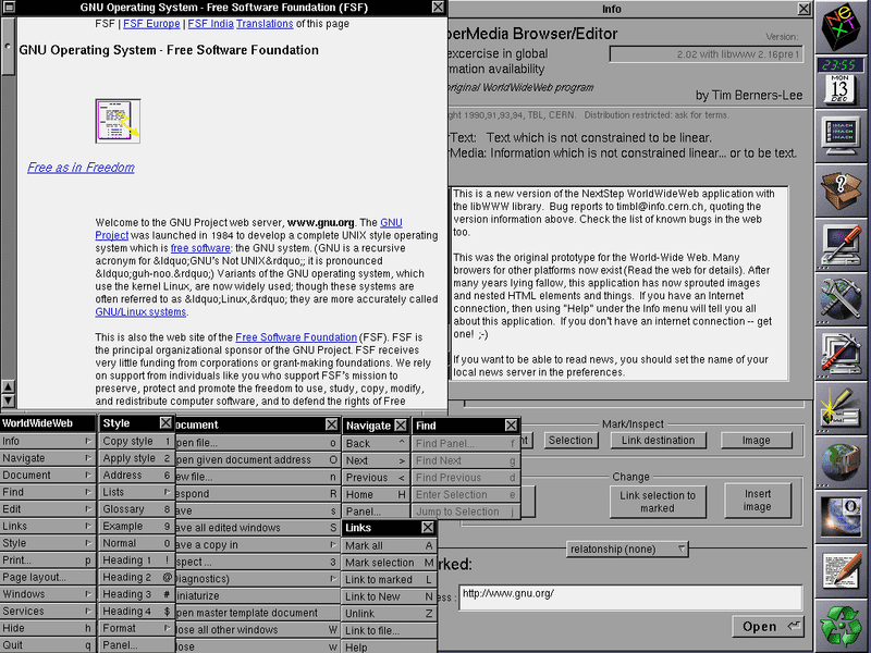 A cluster of windows showing dark-on-white web pages in the early WorldWideWeb browser.
