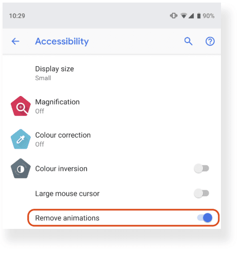 Tela de configurações do Android com a caixa de seleção &quot;Remover animações&quot; marcada.