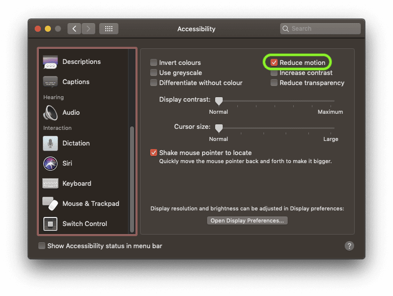 The macOS settings screen with the 'Reduce motion' checkbox checked.