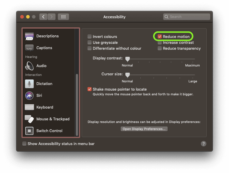 Captura da tela de configurações do macOS com a caixa de seleção &quot;Reduzir movimento&quot; marcada.