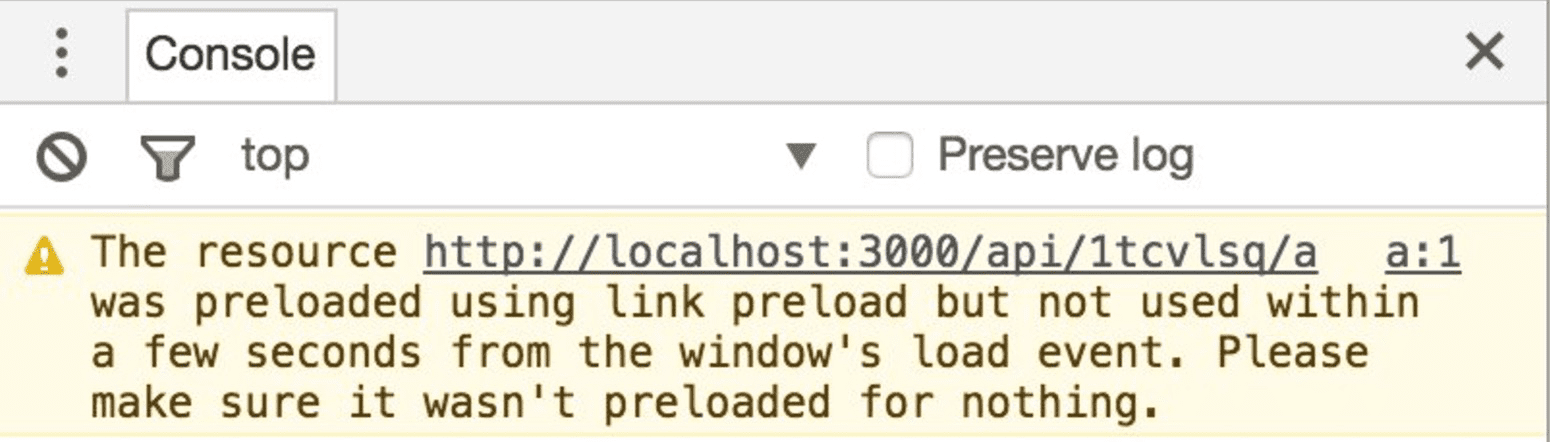 Aviso do console do Chrome DevTools sobre recursos pré-carregados não utilizados.