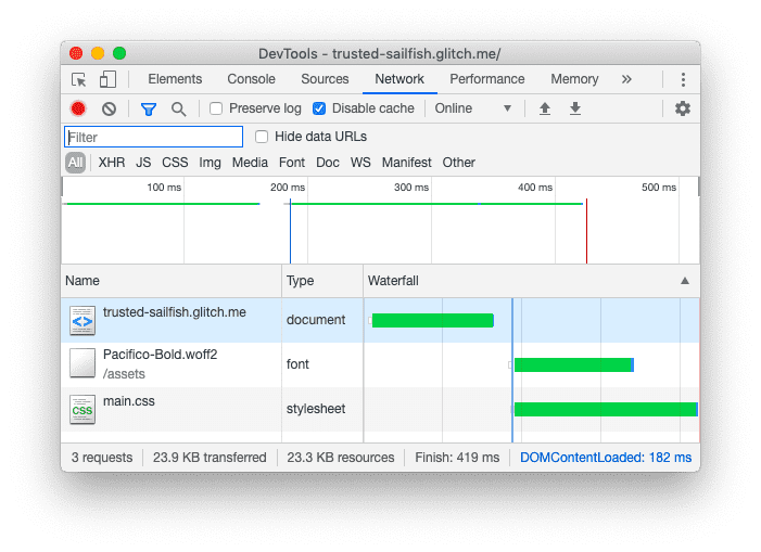 Ảnh chụp màn hình bảng điều khiển Mạng của Chrome DevTools sau khi áp dụng tính năng tải trước.