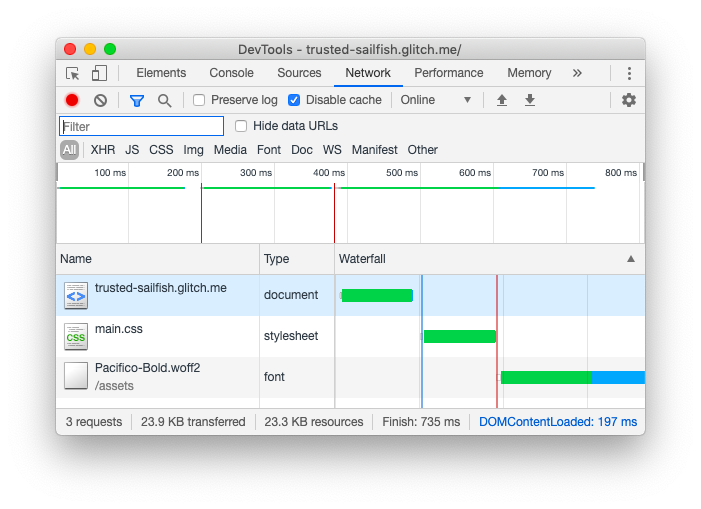 Ảnh chụp màn hình của bảng điều khiển Mạng trong Chrome DevTools.