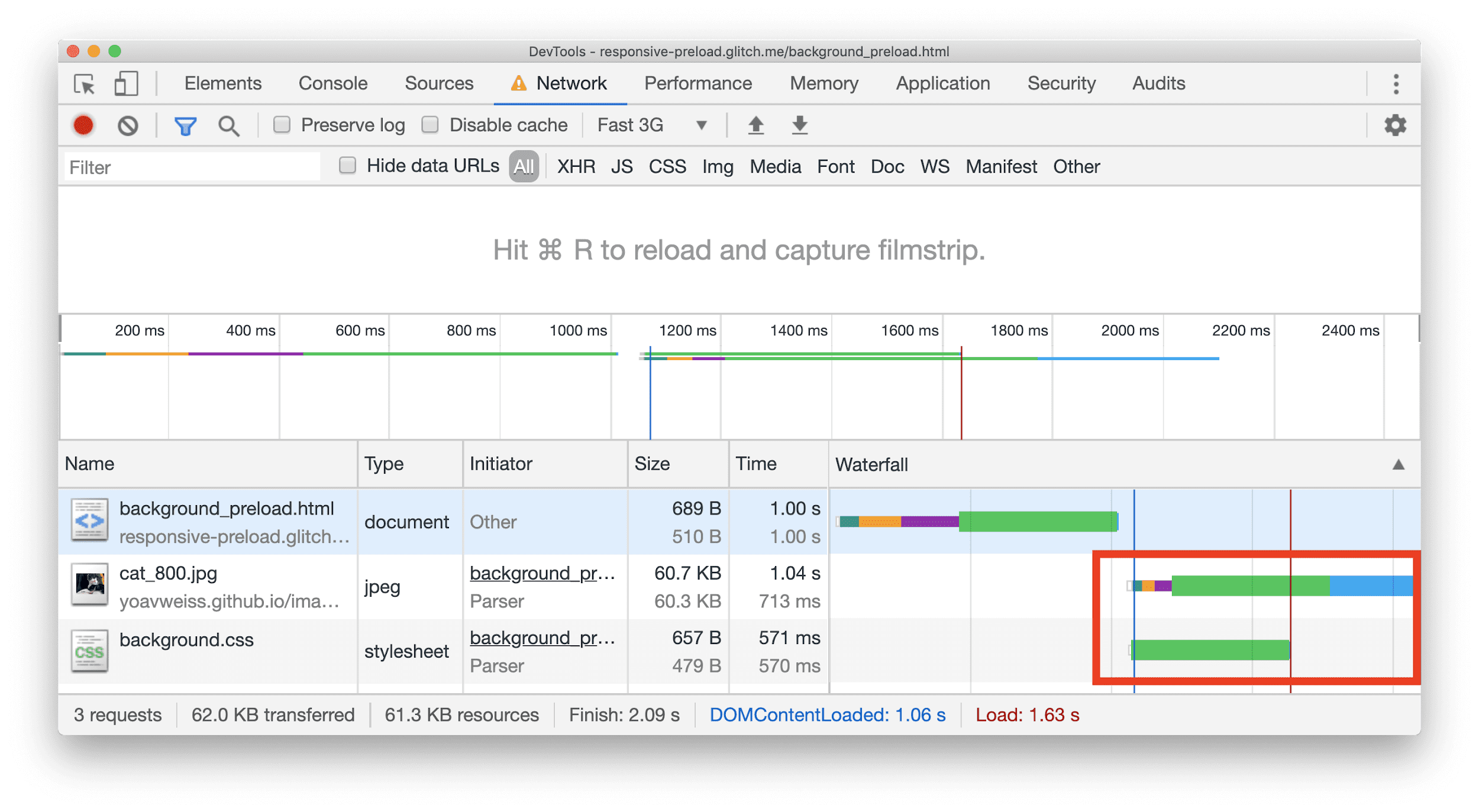 Painel de rede do Chrome DevTools mostrando uma cascata com um recurso JPEG sendo baixado em paralelo com algum CSS.
