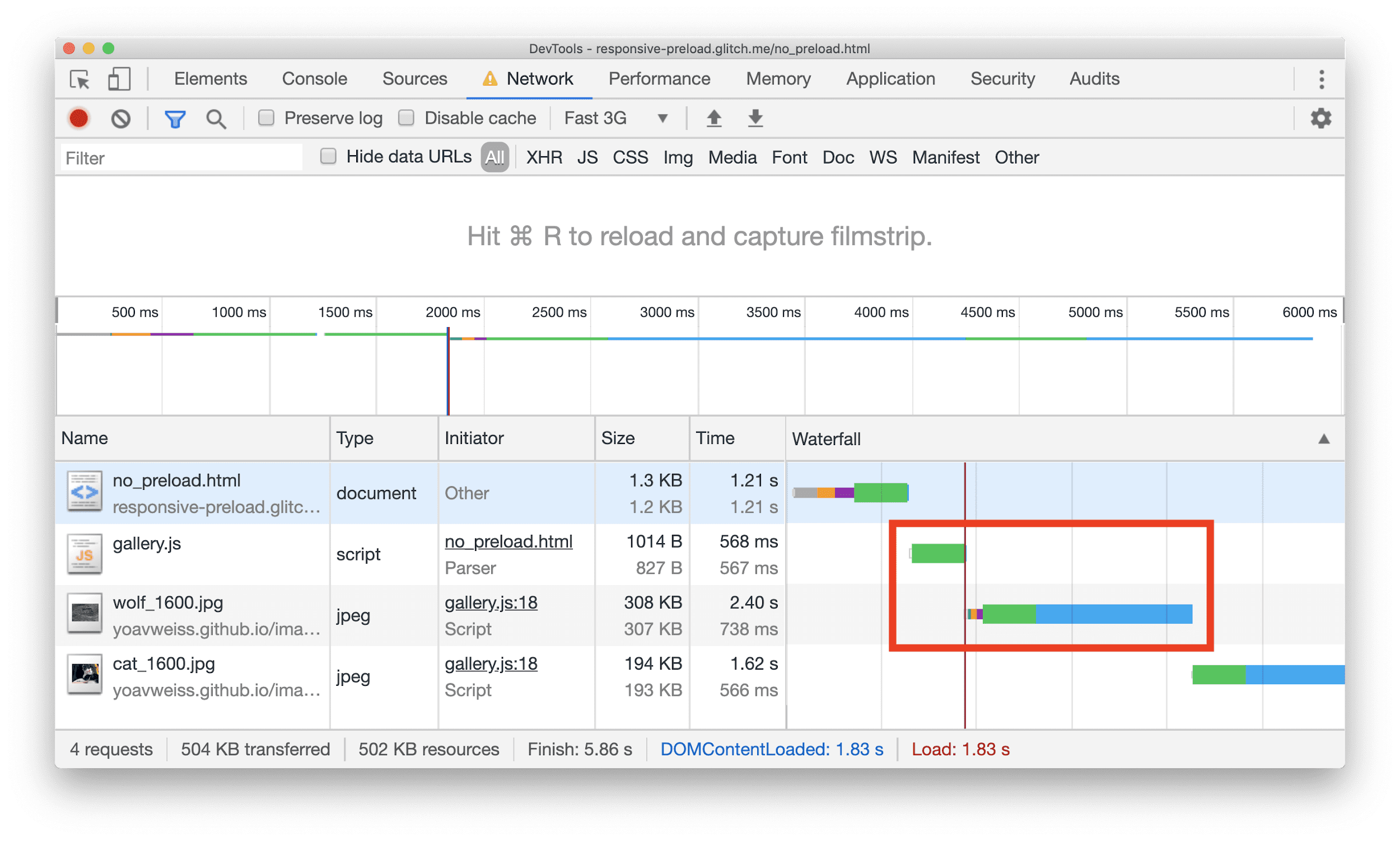 Panel Network de Chrome DevTools que muestra una cascada con un recurso JPEG que solo comienza a descargarse después de algunos elementos de JavaScript.