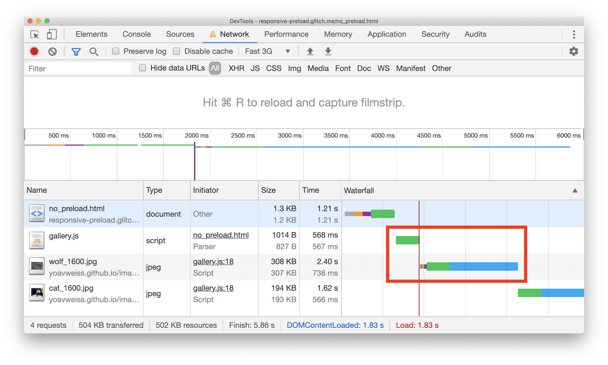 Painel de rede do Chrome DevTools mostrando um diagrama em cascata com um recurso JPEG que só começa a ser baixado depois de algum JavaScript.