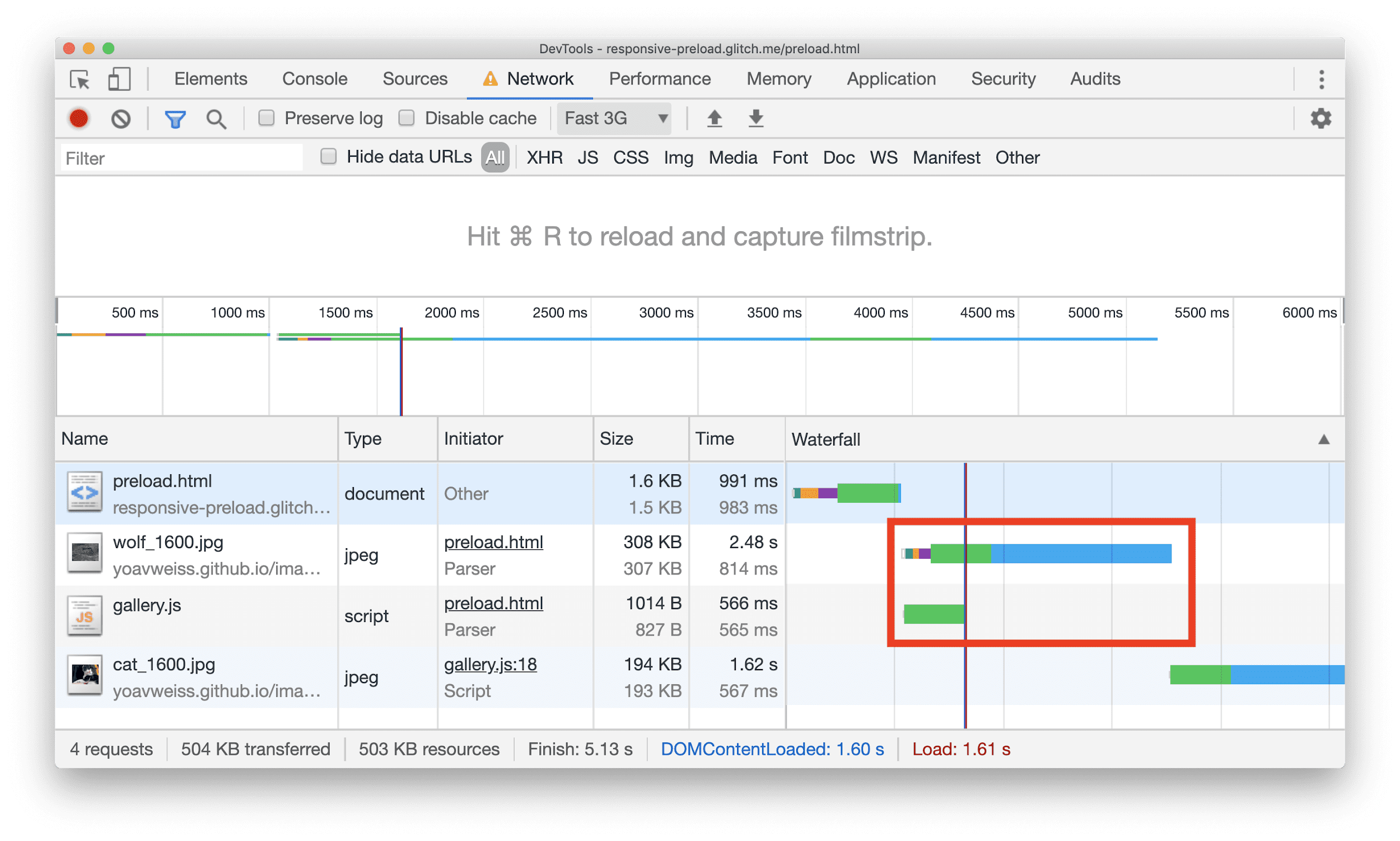 แผง Chrome DevTools Network แสดง Waterfall ที่มีการดาวน์โหลดทรัพยากร JPEG ควบคู่ไปกับ JavaScript บางรายการ