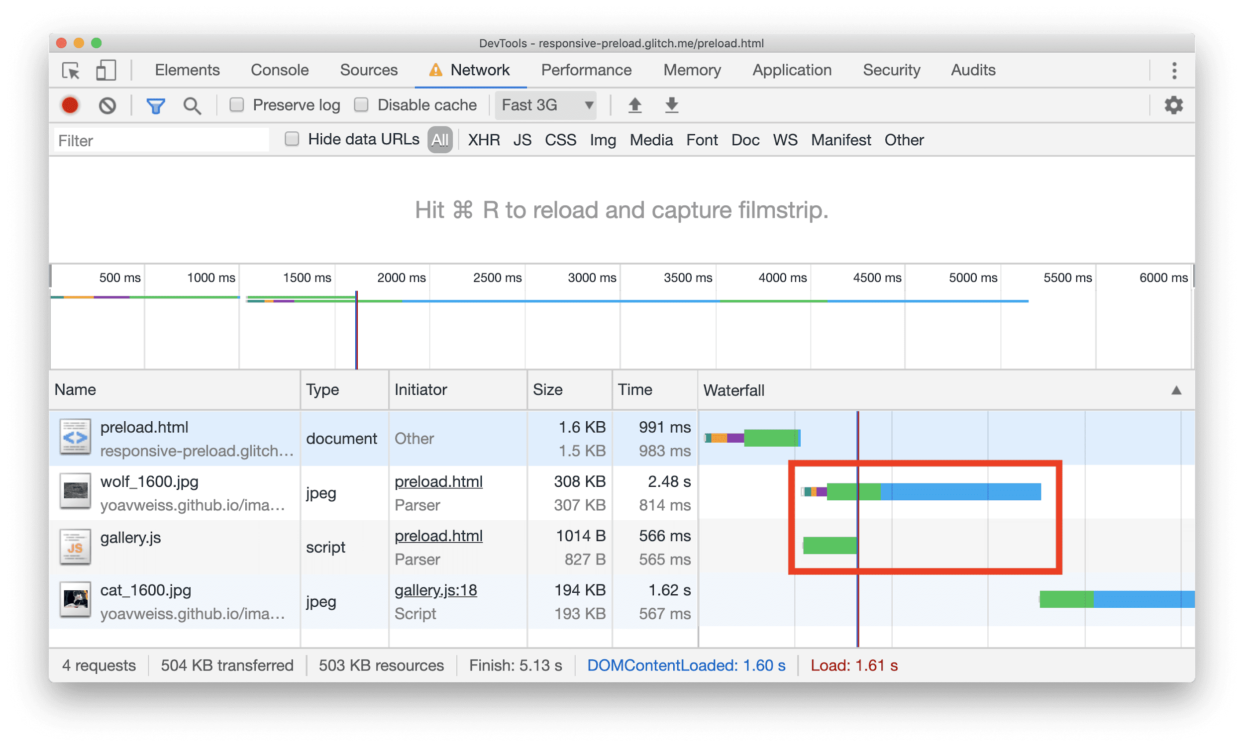 Riquadro Rete di Chrome DevTools che mostra una cascata con una risorsa JPEG scaricata in parallelo a JavaScript.