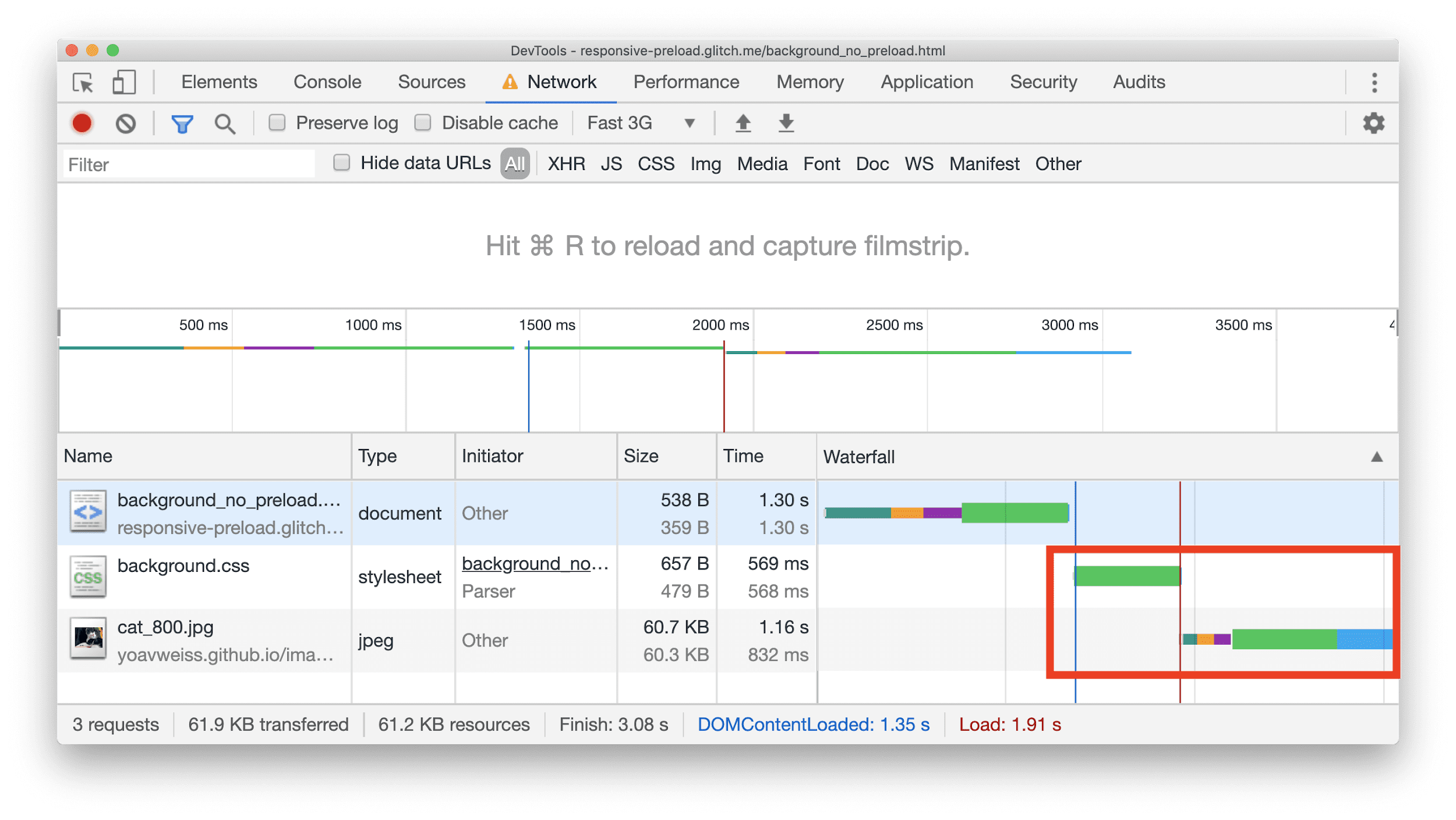 Il riquadro Rete di Chrome DevTools che mostra una cascata con una risorsa JPEG che inizia a essere scaricata solo dopo alcuni CSS.