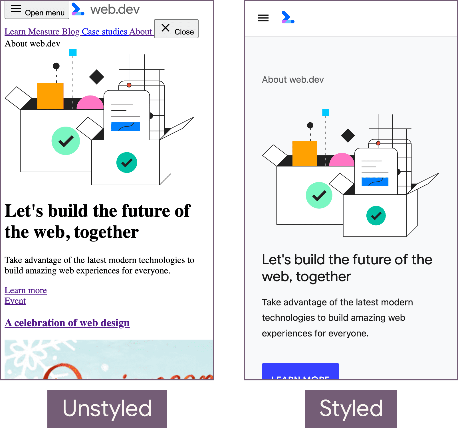 Die Startseite von web.dev ohne Stil (links) und mit Stil (rechts).