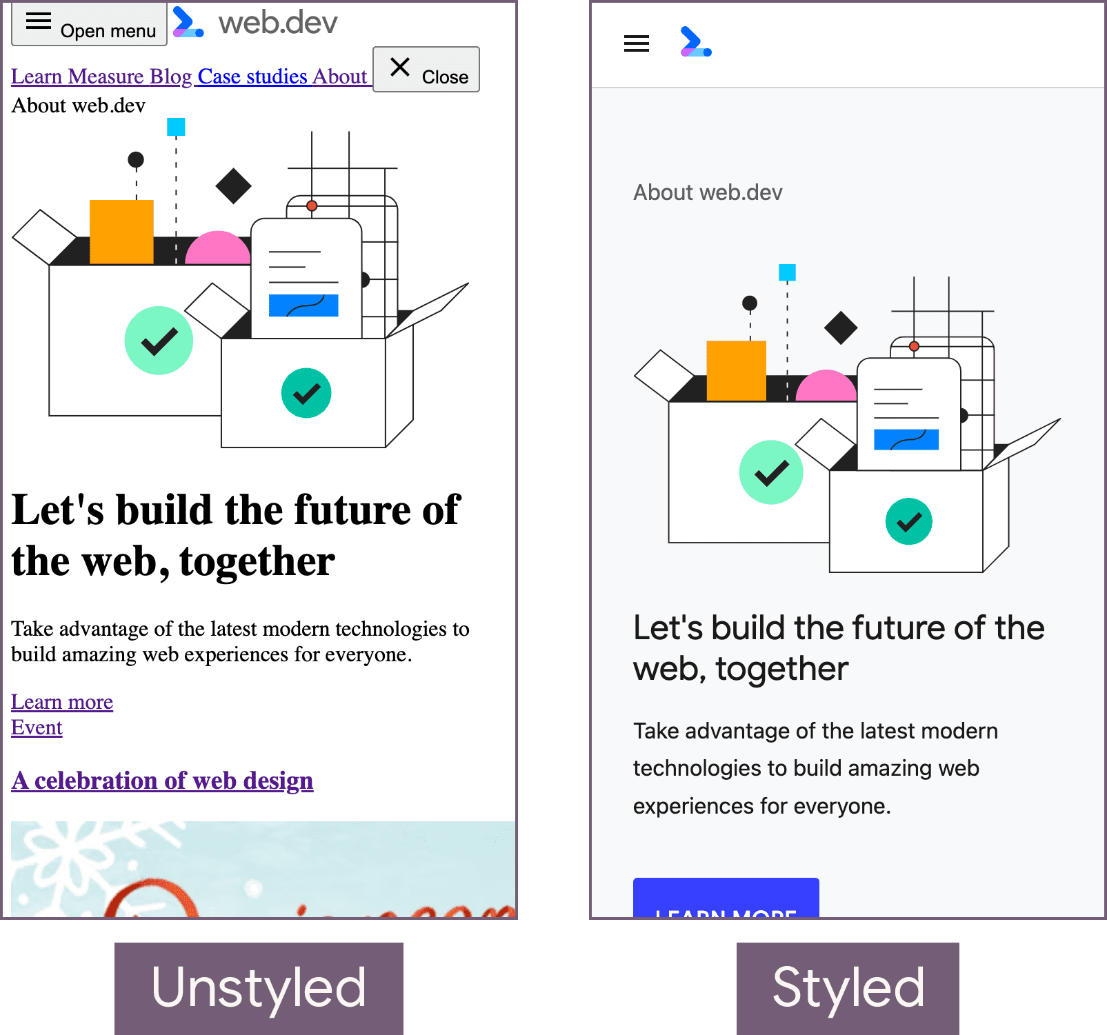 Halaman beranda web.dev dalam status tanpa gaya visual (kiri) dan status dengan gaya visual (kanan).