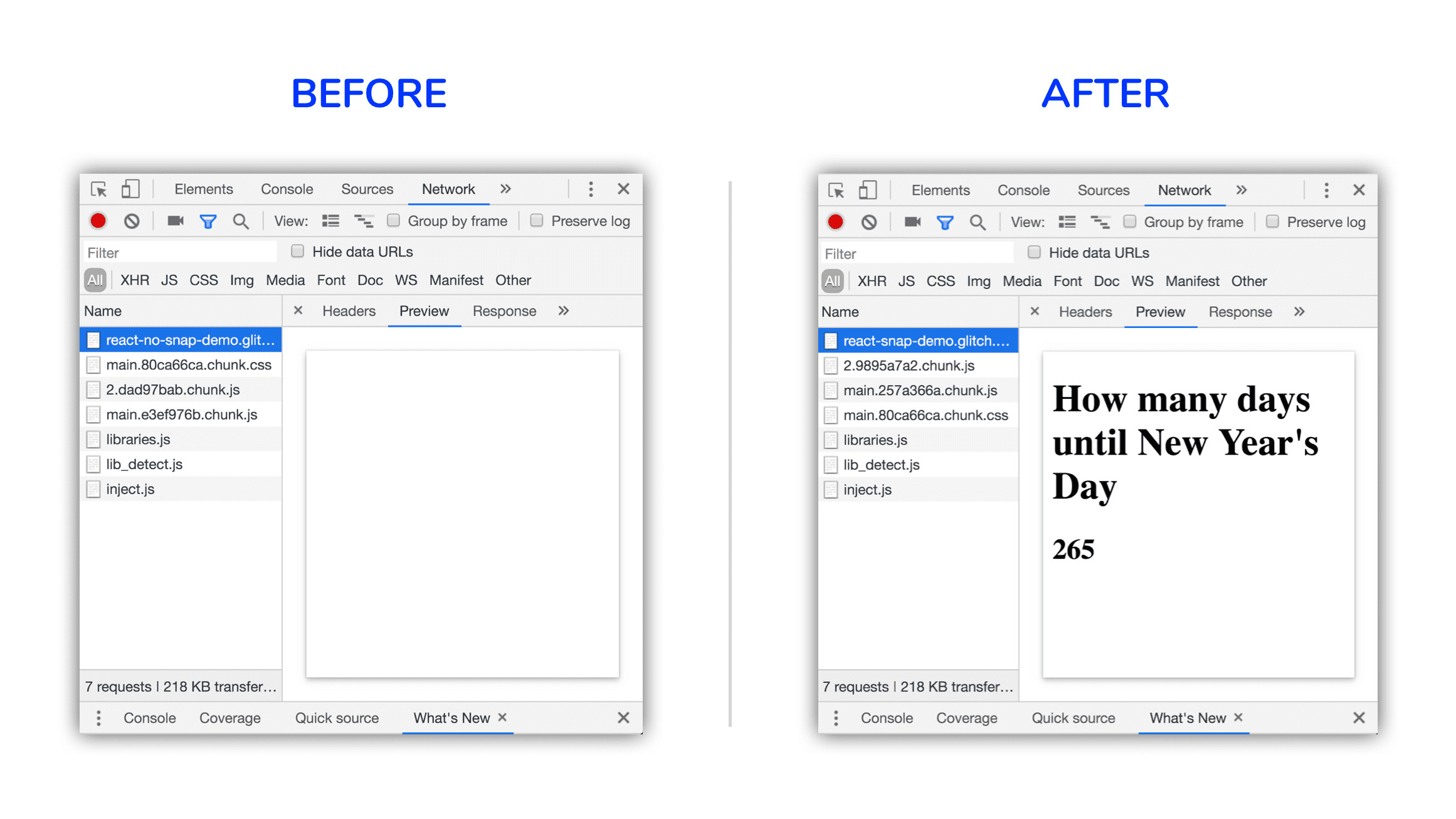 A before and after comparison. The after shot shows content has rendered.