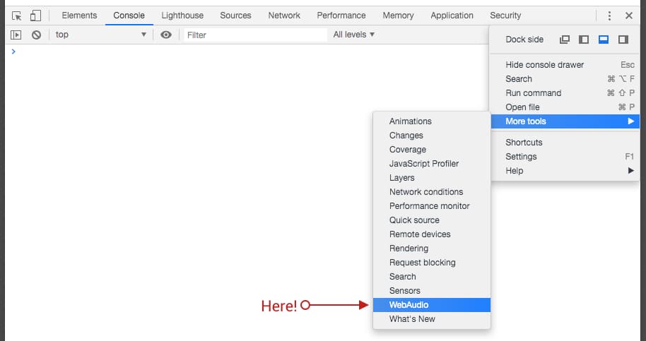 Chrome DevTools-এ WebAudio প্যানেল কীভাবে খুলতে হয় তা দেখানো স্ক্রিন শট।