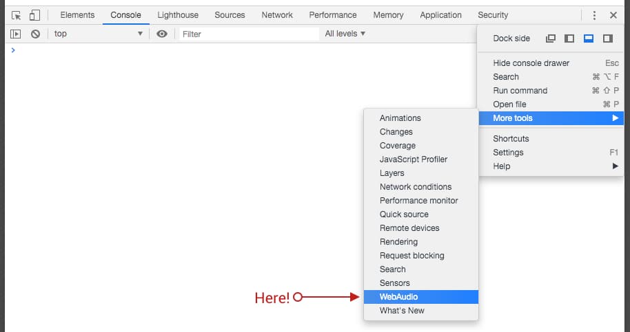 Screenshot, der zeigt, wie das WebAudio-Steuerfeld in den Chrome-Entwicklertools geöffnet wird.