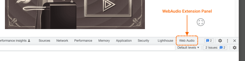 Screenshot yang menunjukkan cara membuka panel Web Audio di Chrome DevTools.