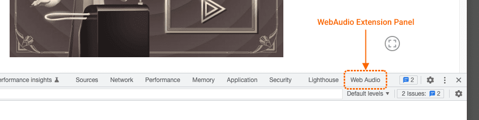Screenshot showing how to open Web Audio panel in Chrome DevTools.