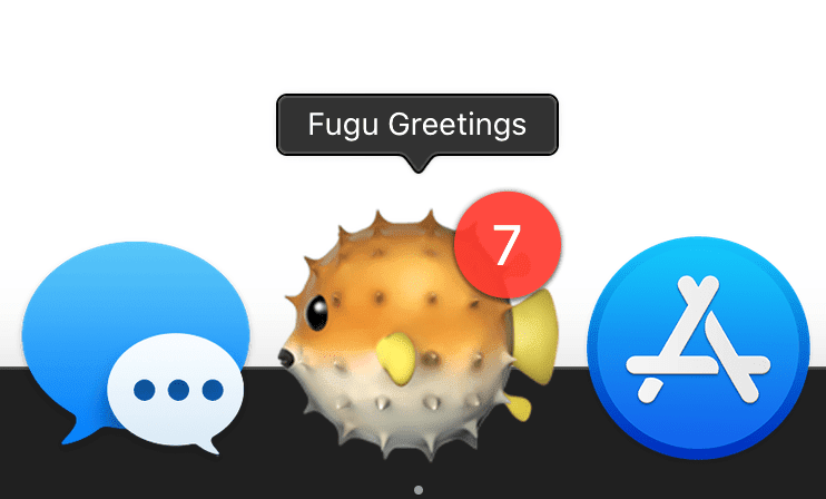 Fugu Greetings アプリのバッジ アイコンに数字の 7 が表示されている。