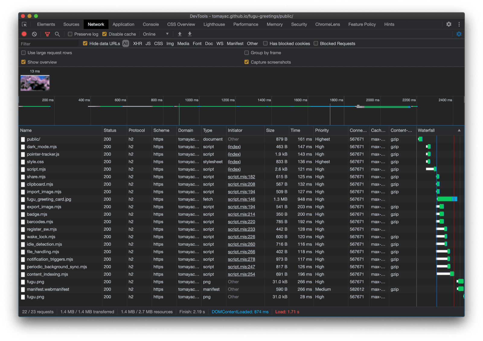 Im Bereich „Netzwerk“ in Chrome DevTools werden nur Anfragen für Dateien mit Code angezeigt, der vom aktuellen Browser unterstützt wird.