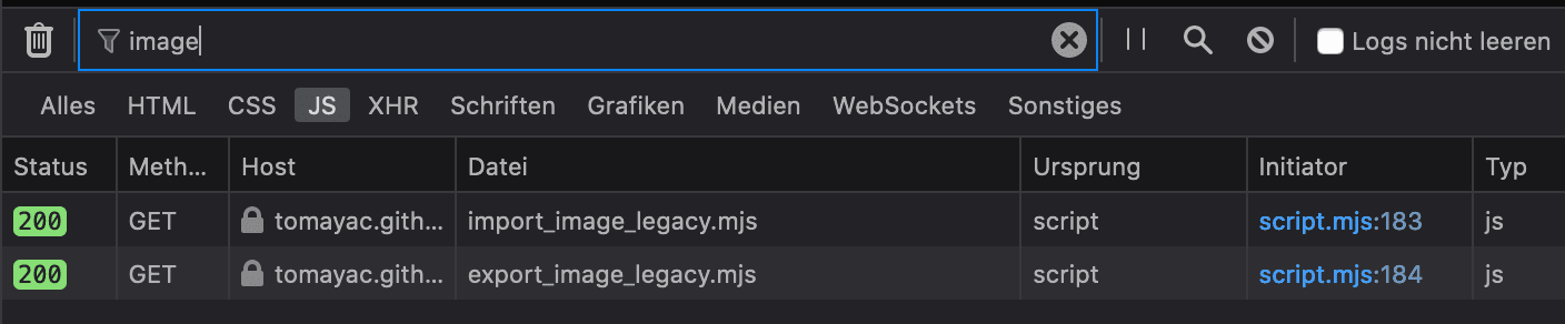 Firefox Developer Tools showing the legacy files getting loaded.
