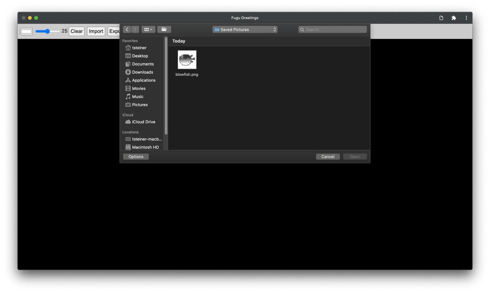 Fugu Greetings ऐप्लिकेशन में, फ़ाइल खोलने का डायलॉग बॉक्स दिख रहा है.