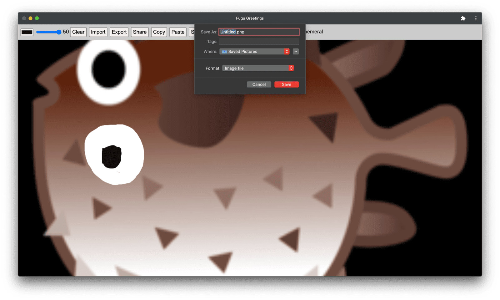 App Fugu Greetings con l'immagine modificata.