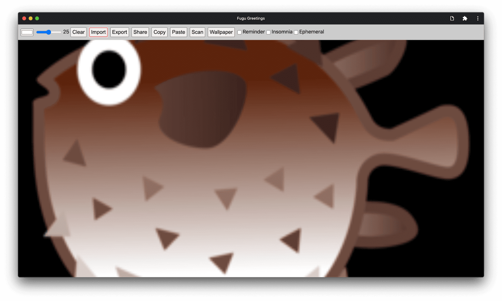 Die Fugu Greetings App mit einem importierten Bild.