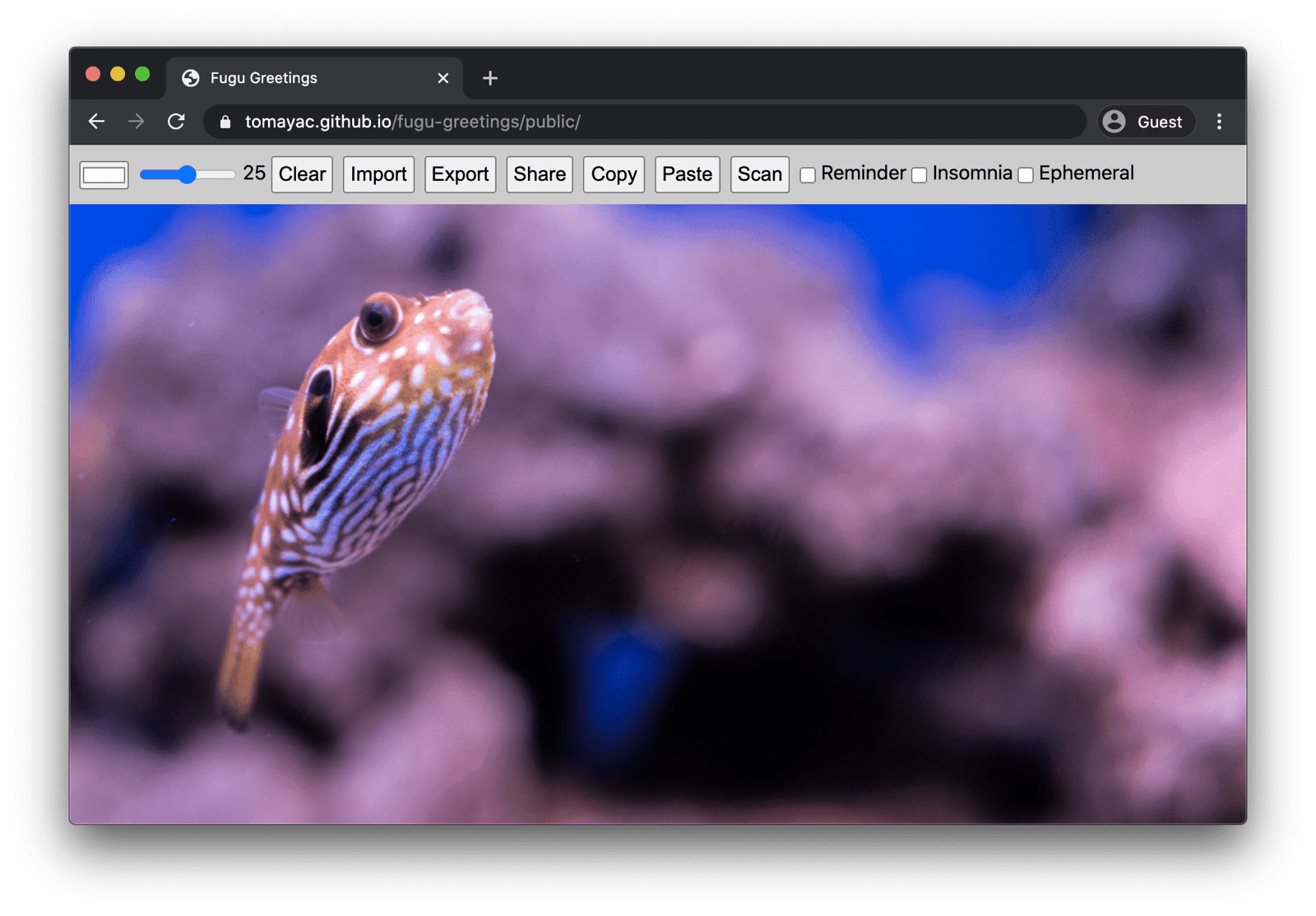 Fugu Greetings en ejecución en Chrome para escritorio, mostrando varias funciones disponibles.