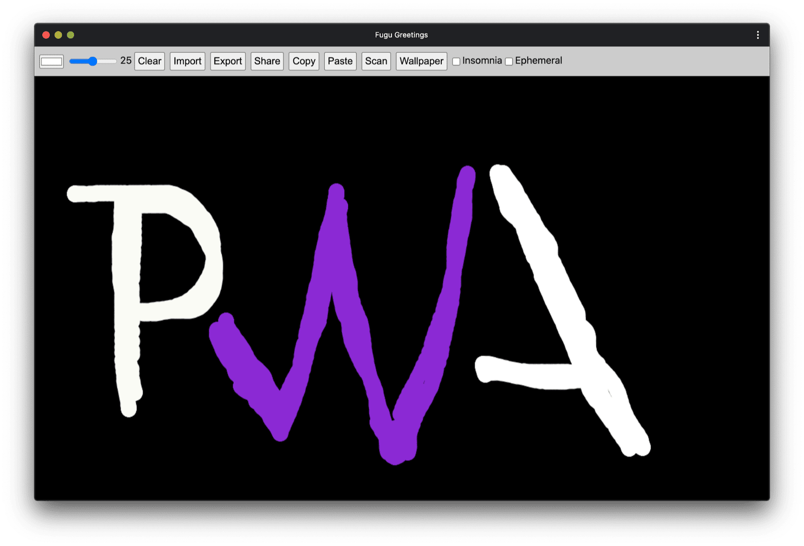 PWA 커뮤니티 로고와 유사한 그림이 있는 Fugu Greetings PWA