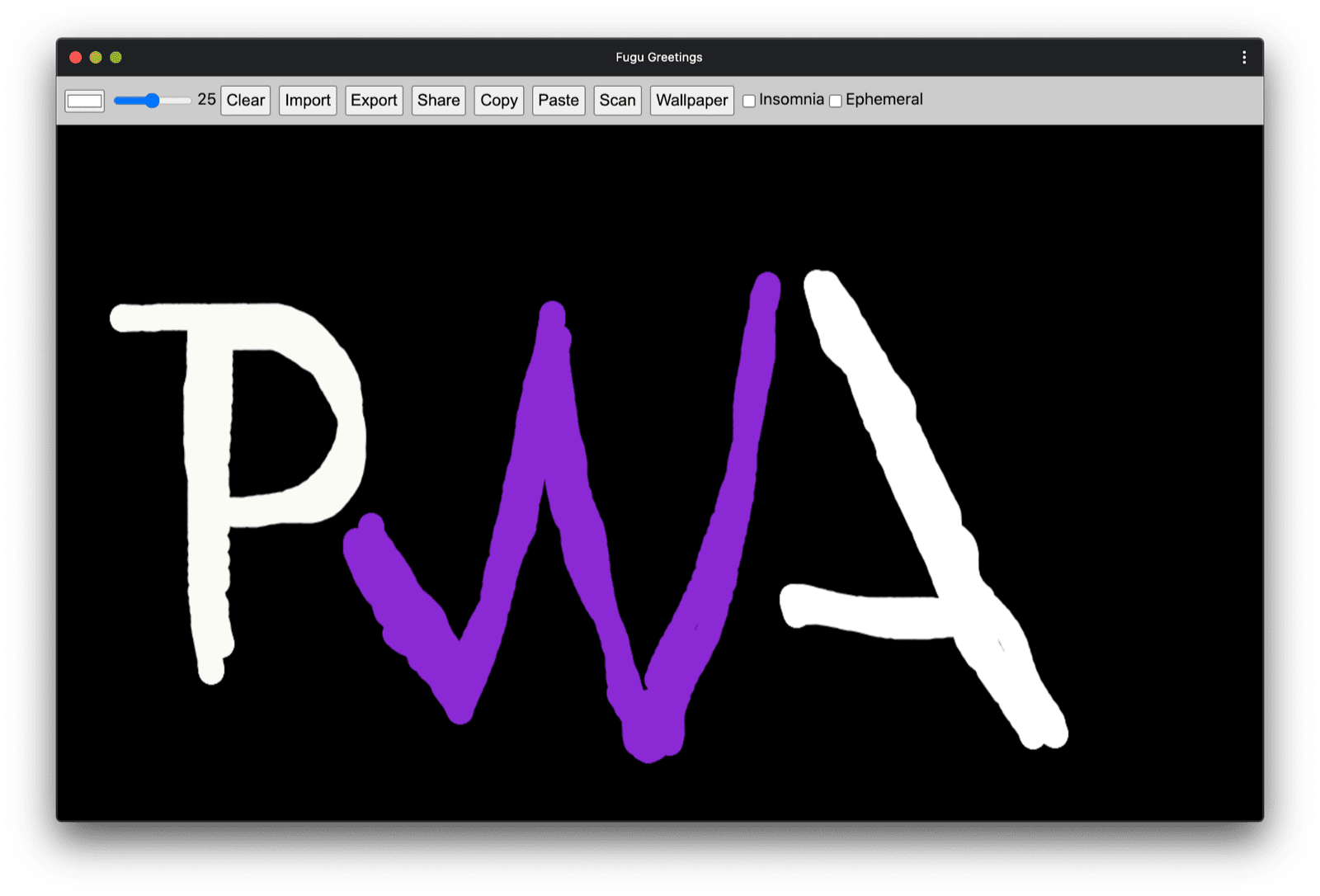 PWA 커뮤니티 로고와 유사한 그림이 표시된 Fugu 인사말 PWA