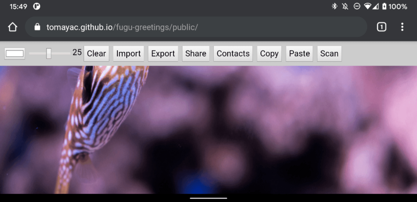 Android Chrome で実行されている Fugu Greetings。利用可能な機能の多くを示している。