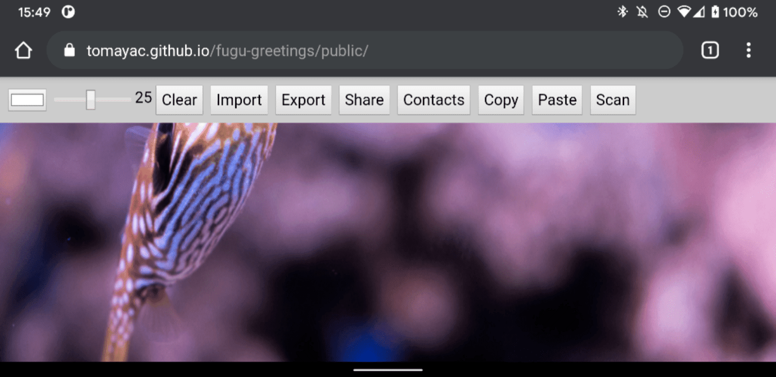 Fugu Greetings in esecuzione su Chrome per Android, che mostra molte funzionalità disponibili.